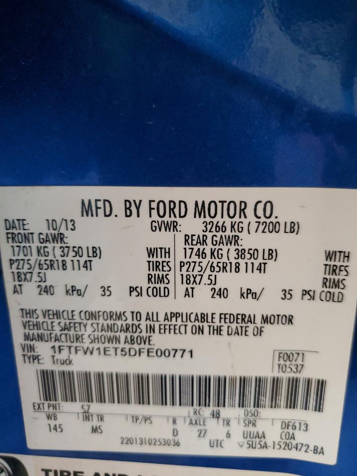 2013 Ford F150 Supercrew VIN: 1FTFW1ET5DFE00771 Lot: 86341335