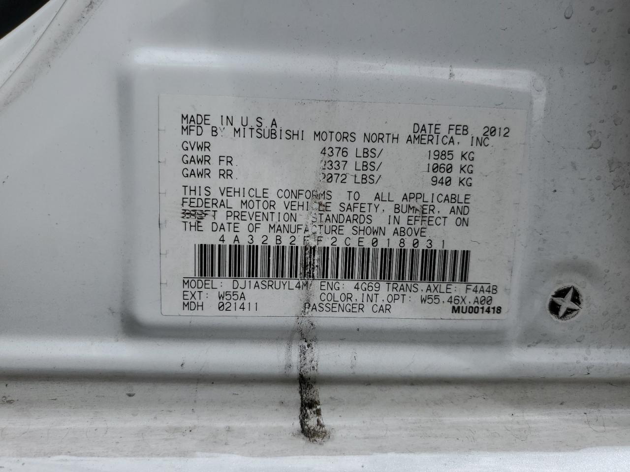 2012 Mitsubishi Galant Fe VIN: 4A32B2FF2CE018031 Lot: 85765035