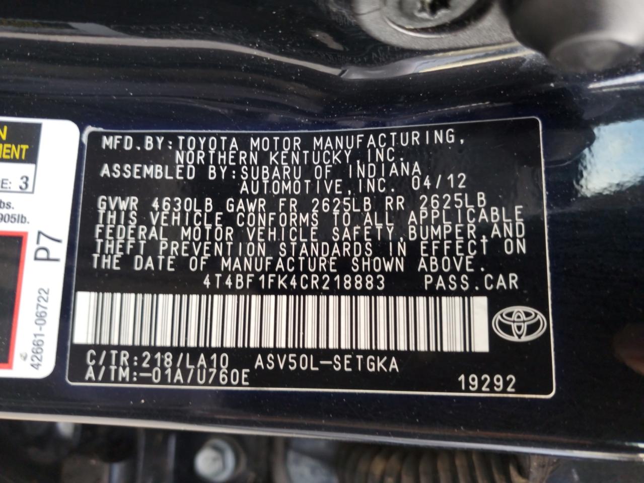 2012 Toyota Camry Base VIN: 4T4BF1FK4CR218883 Lot: 85188565