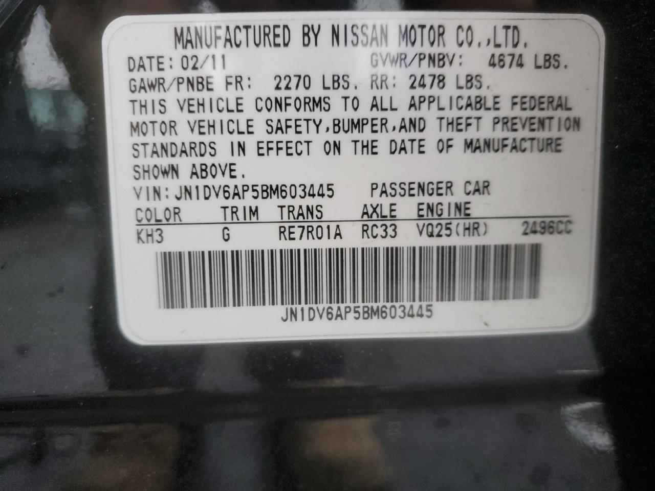 2011 Infiniti G25 Base VIN: JN1DV6AP5BM603445 Lot: 86236115