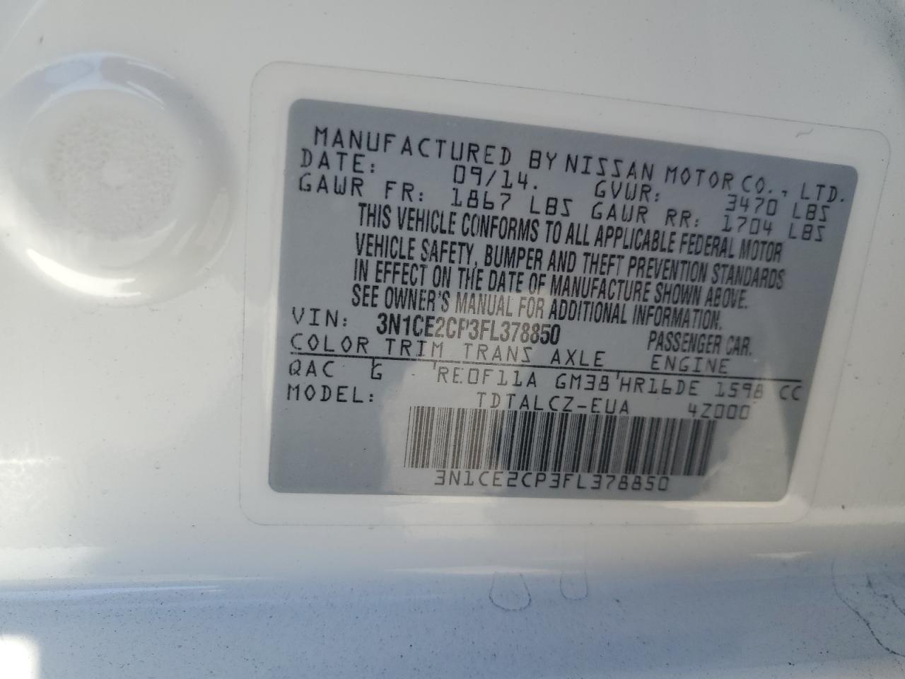2015 Nissan Versa Note S VIN: 3N1CE2CP3FL378850 Lot: 84642935