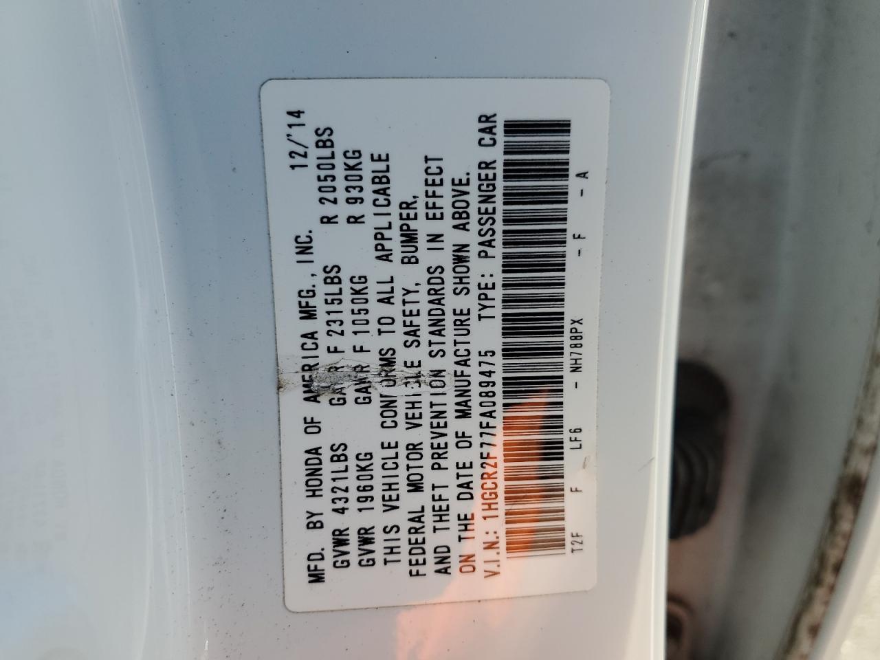 2015 Honda Accord Ex VIN: 1HGCR2F77FA089475 Lot: 82424055