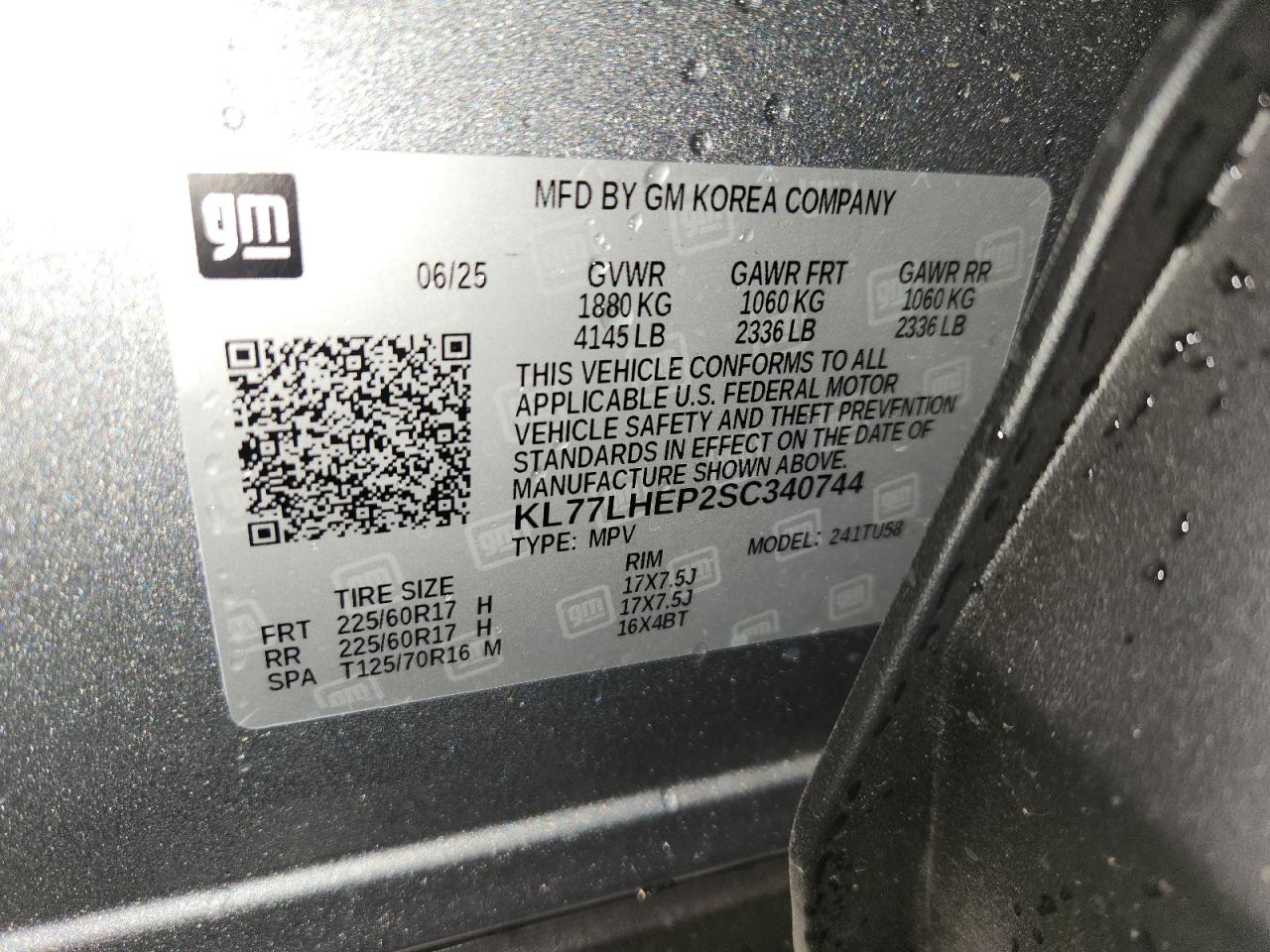 2025 Chevrolet Trax 1Lt VIN: KL77LHEP2SC340744 Lot: 90538975