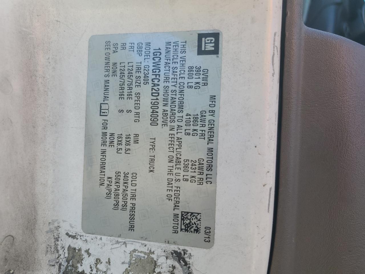 2013 Chevrolet Express G2500 VIN: 1GCWGFCA2D1904090 Lot: 70963255