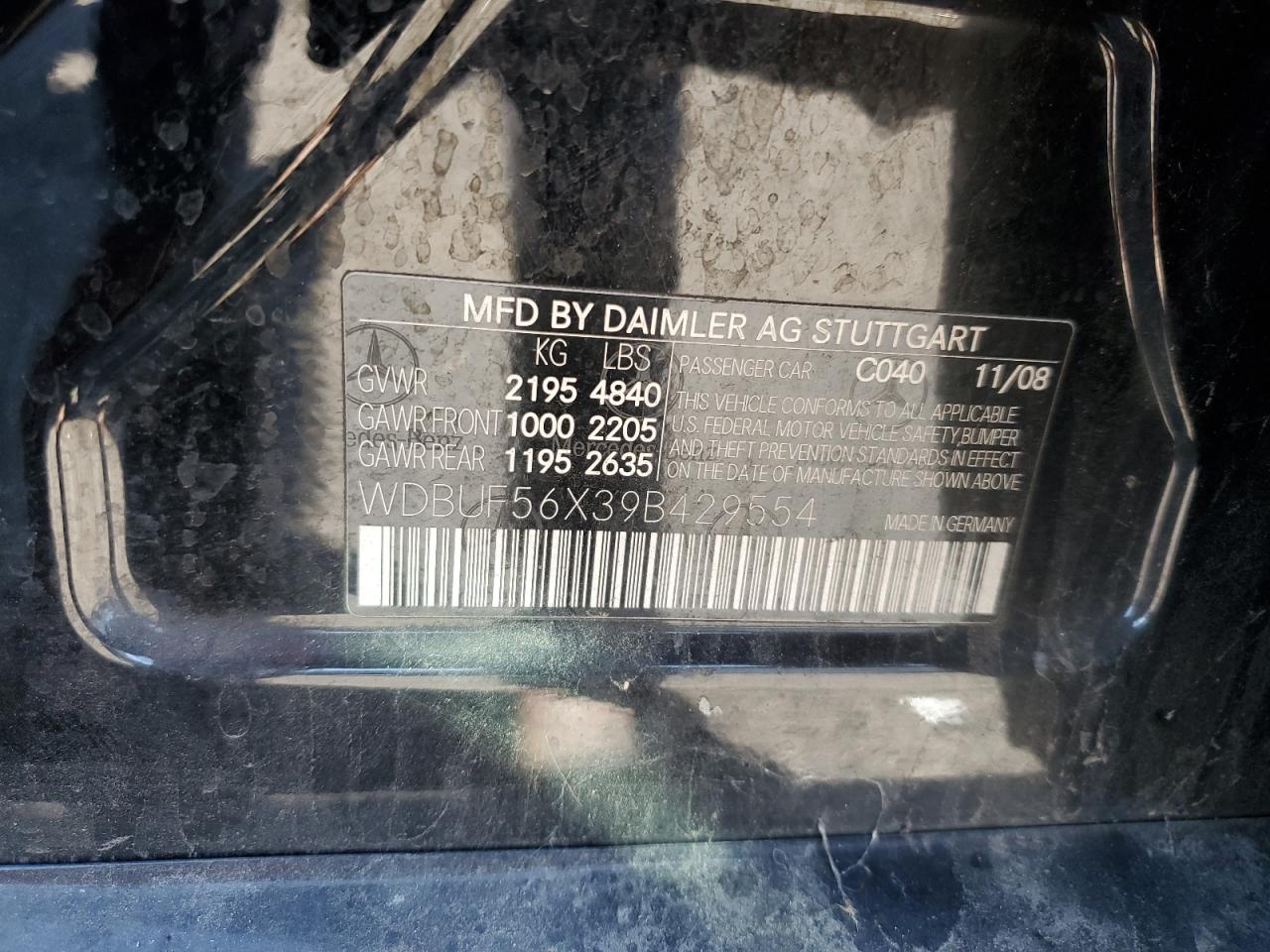 2009 Mercedes-Benz E 350 VIN: WDBUF56X39B429554 Lot: 87119885