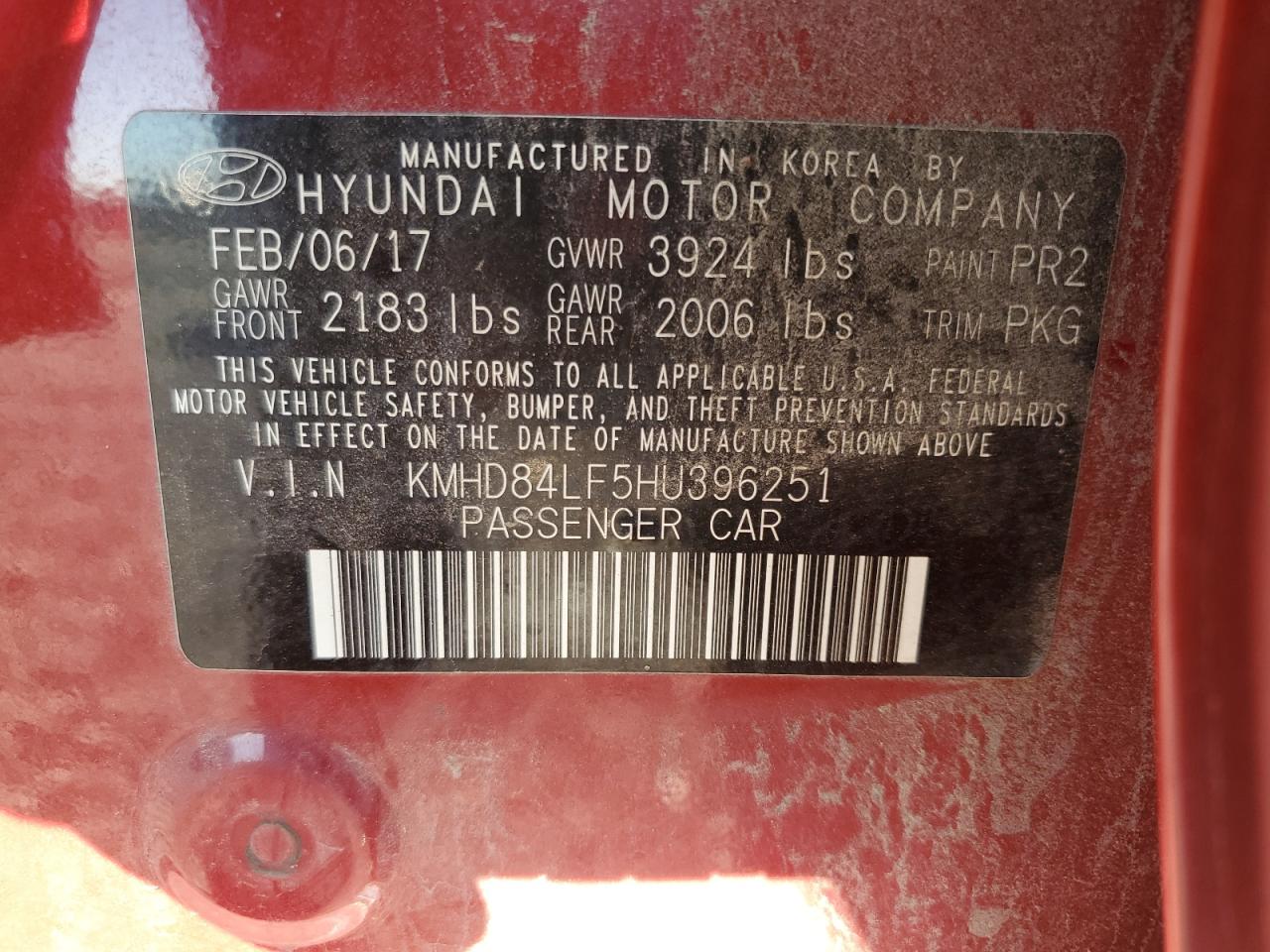 2017 Hyundai Elantra Se VIN: KMHD84LF5HU396251 Lot: 86606455