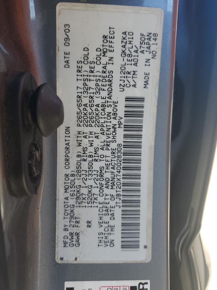 2004 Lexus Gx 470 VIN: JTJBT20X740028308 Lot: 84588765