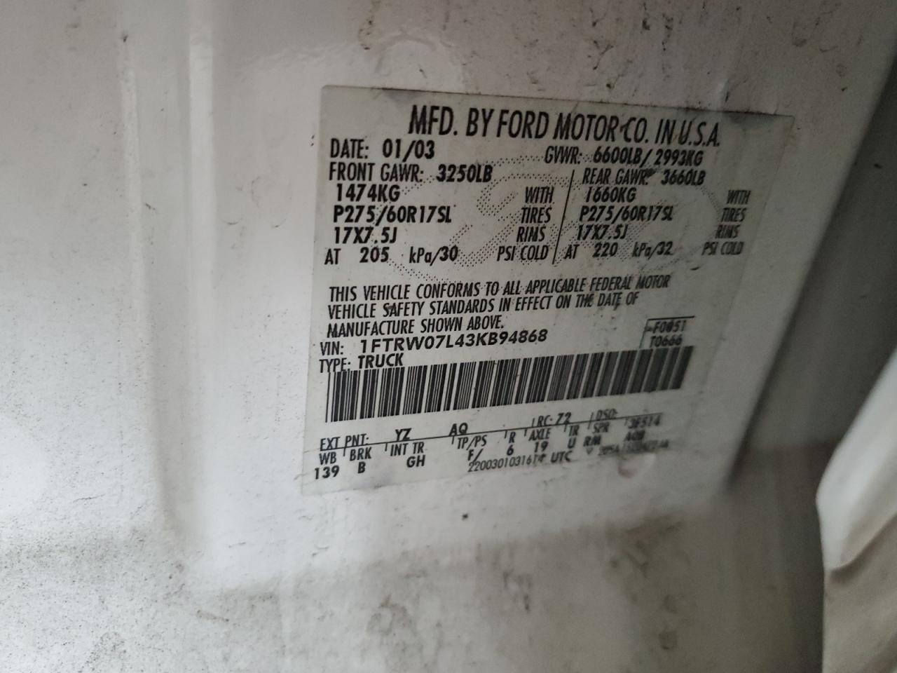 2003 Ford F150 Supercrew VIN: 1FTRW07L43KB94868 Lot: 82336915