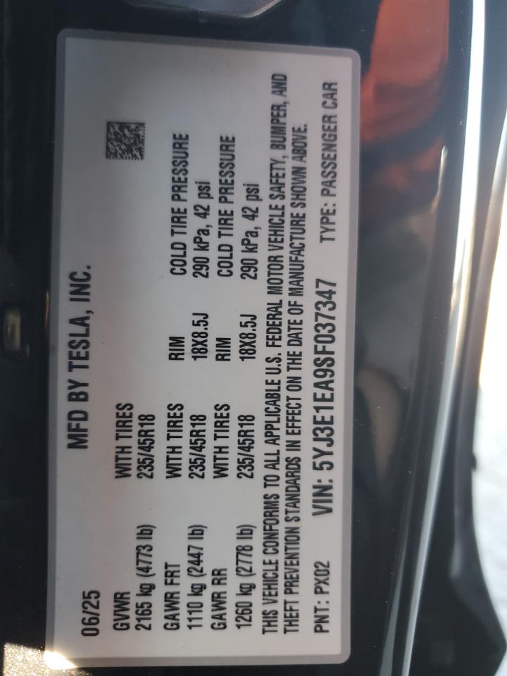 2025 Tesla Model 3 VIN: 5YJ3E1EA9SF037347 Lot: 86870035