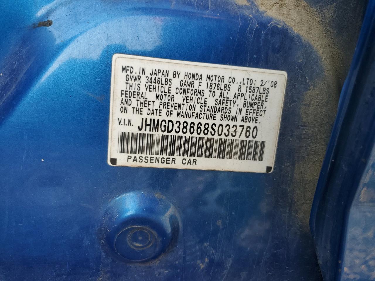 2008 Honda Fit Sport VIN: JHMGD38668S033760 Lot: 85531015