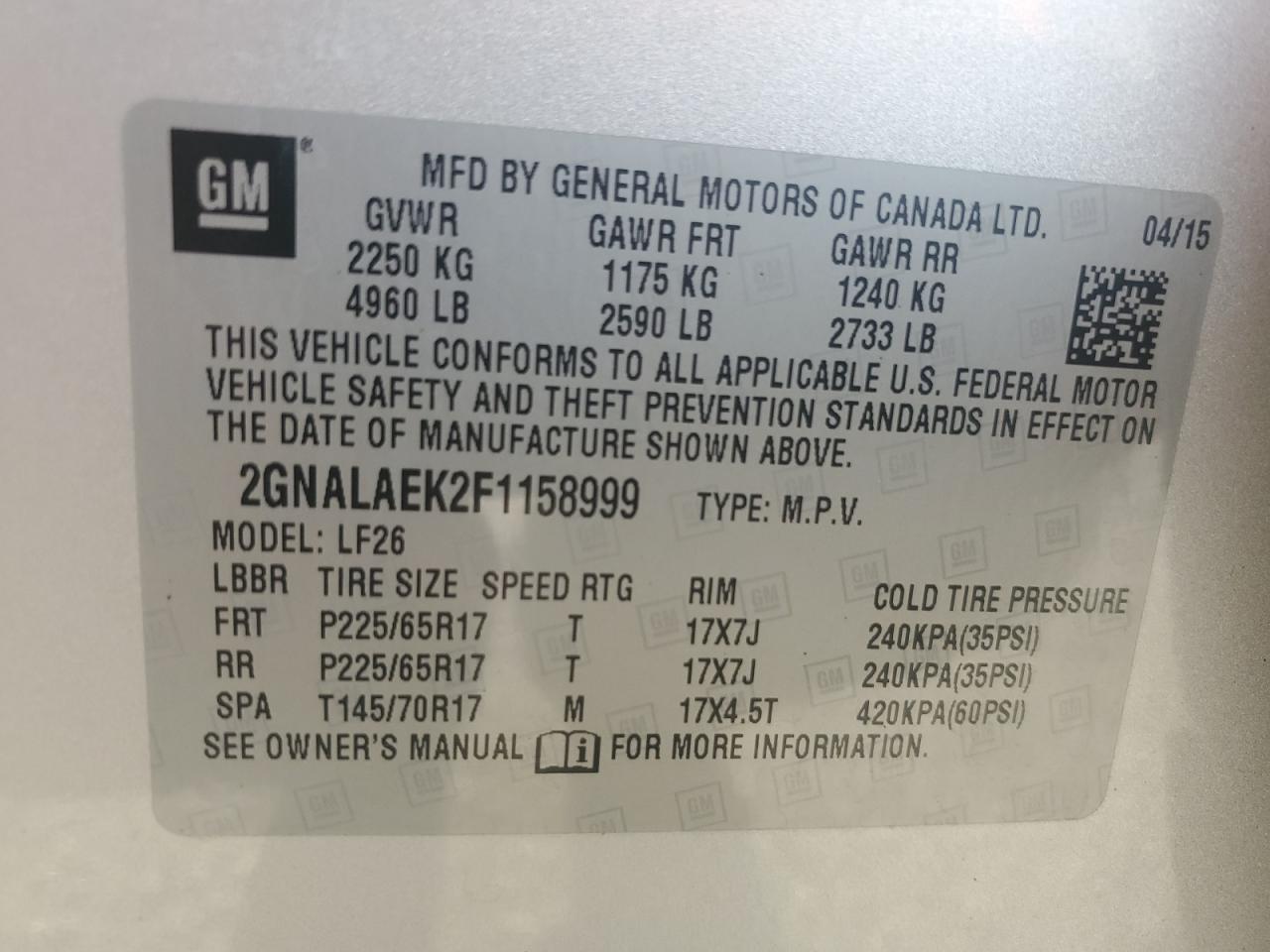 2015 Chevrolet Equinox Ls VIN: 2GNALAEK2F1158999 Lot: 84875545