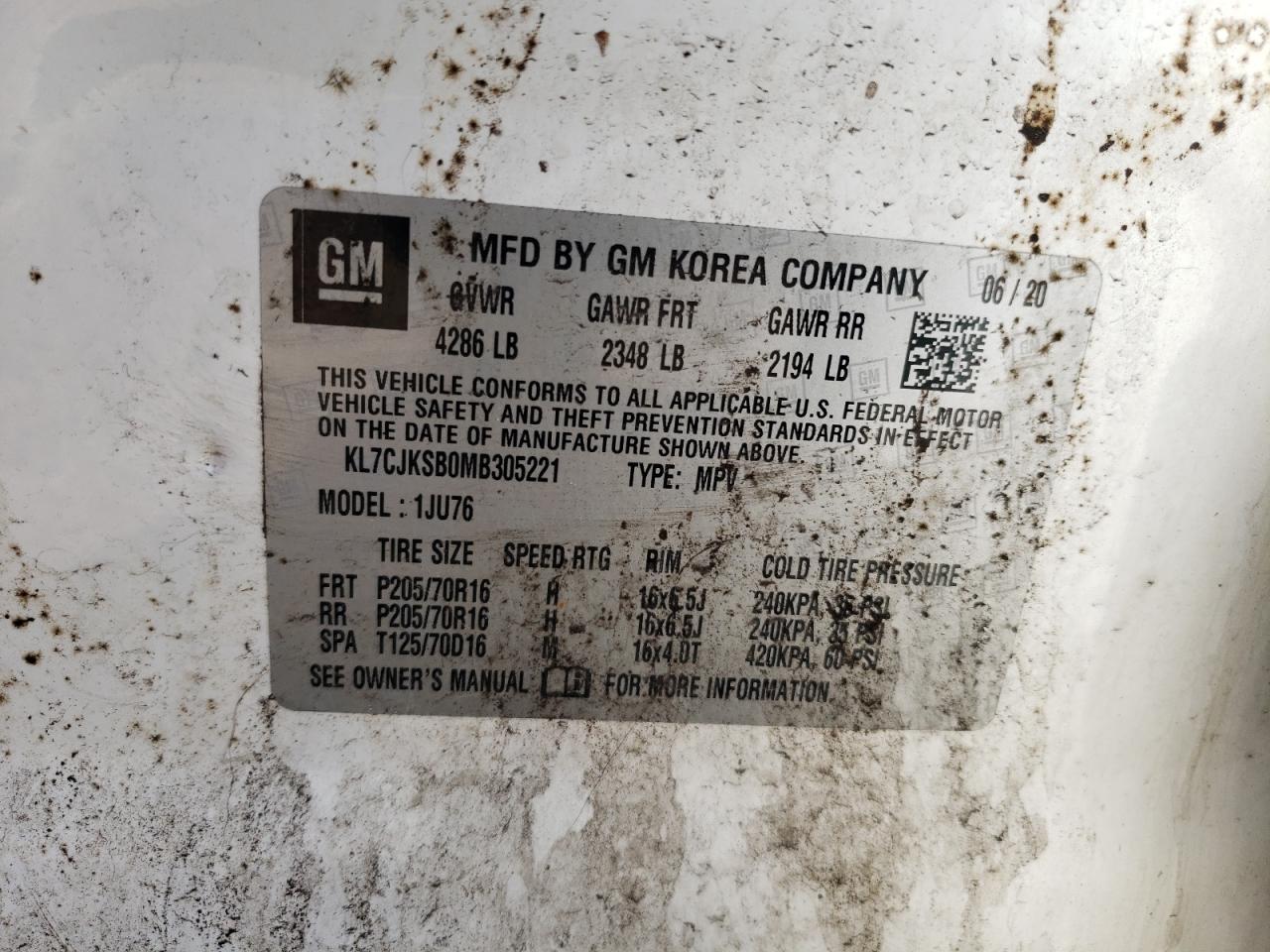 2021 Chevrolet Trax Ls VIN: KL7CJKSB0MB305221 Lot: 68708035