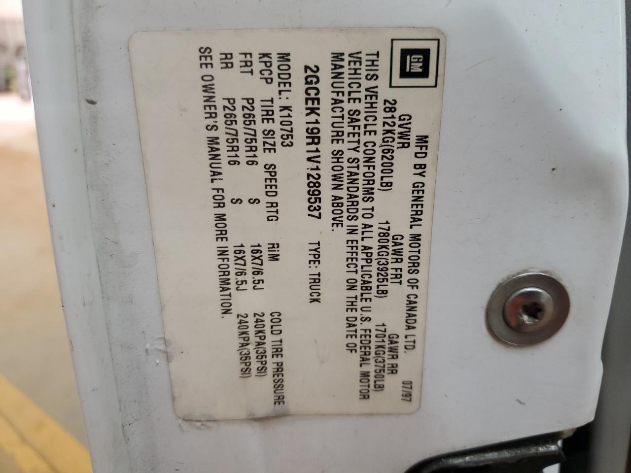 1997 Chevrolet Gmt-400 K1500 VIN: 2GCEK19R1V1289537 Lot: 85262325