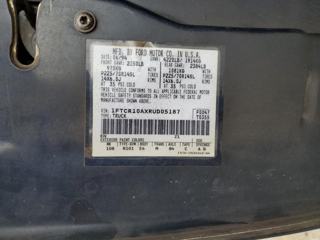 1994 Ford Ranger VIN: 1FTCR10AXRUD05187 Lot: 90910975