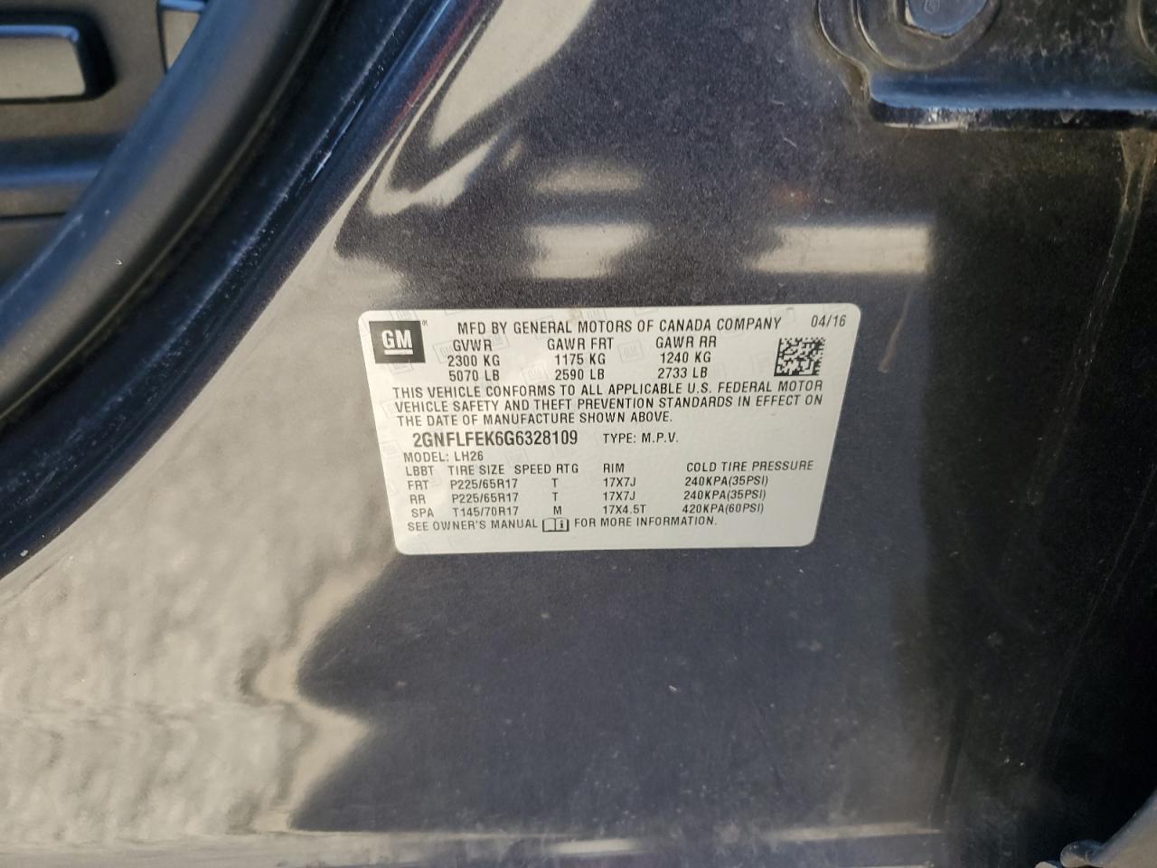 2016 Chevrolet Equinox Lt VIN: 2GNFLFEK6G6328109 Lot: 82317465