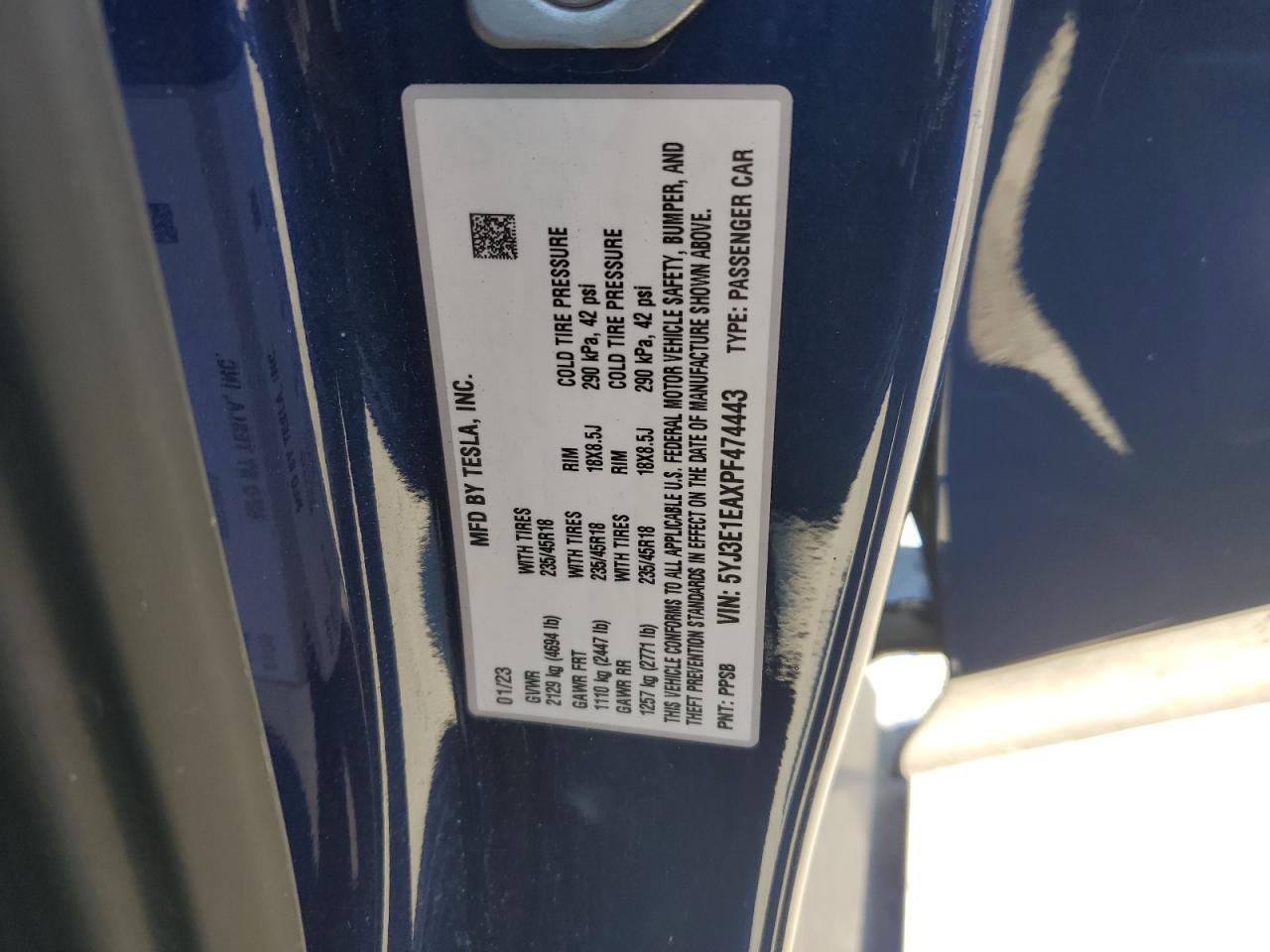 2023 Tesla Model 3 VIN: 5YJ3E1EAXPF474443 Lot: 82610705