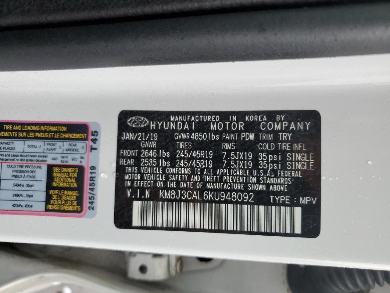 2019 Hyundai Tucson Limited VIN: KM8J3CAL6KU948092 Lot: 82332385