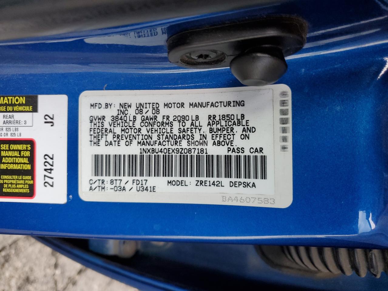2009 Toyota Corolla Base VIN: 1NXBU40EX9Z087181 Lot: 86188575