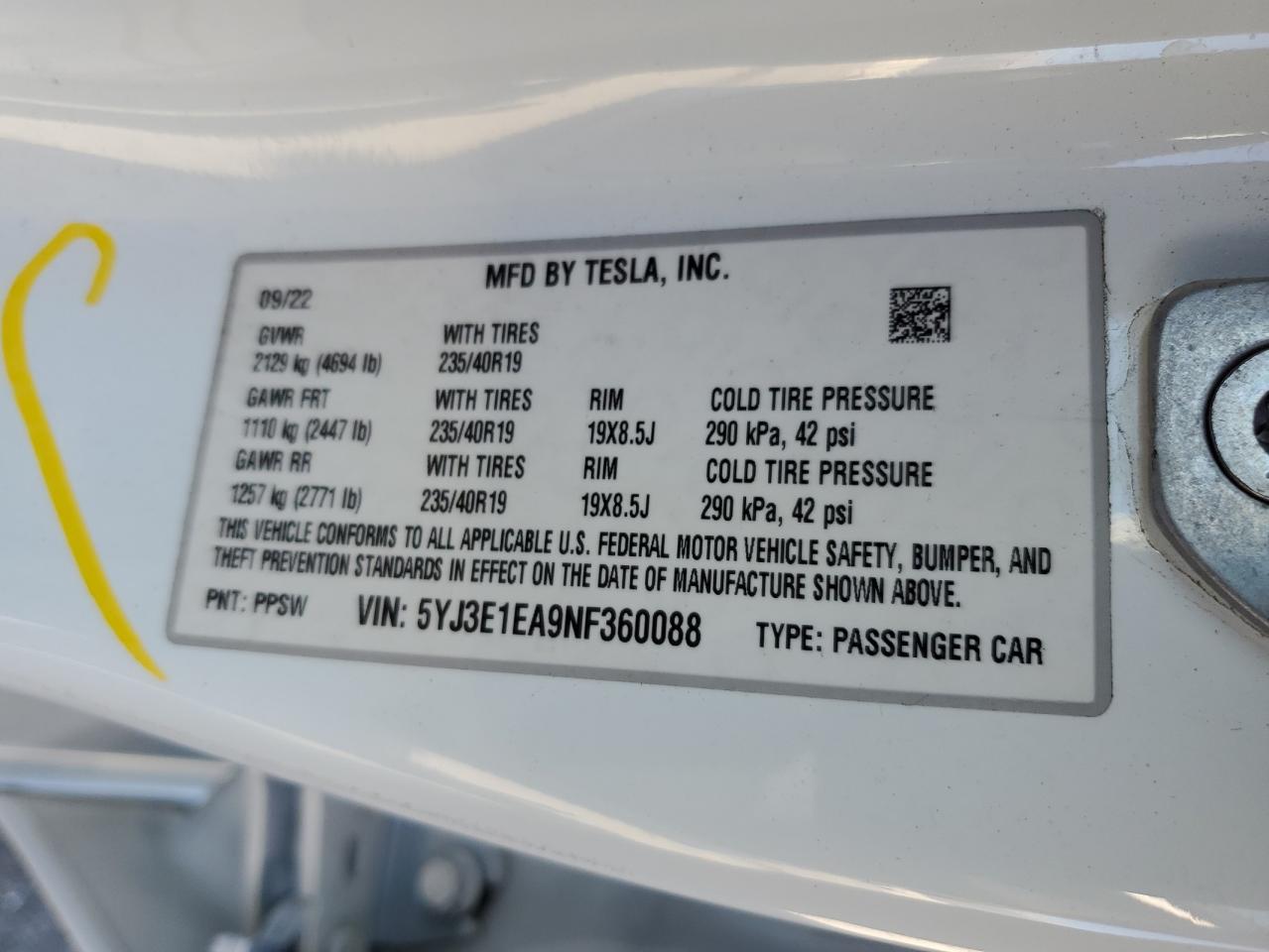 2022 Tesla Model 3 VIN: 5YJ3E1EA9NF360088 Lot: 86460355