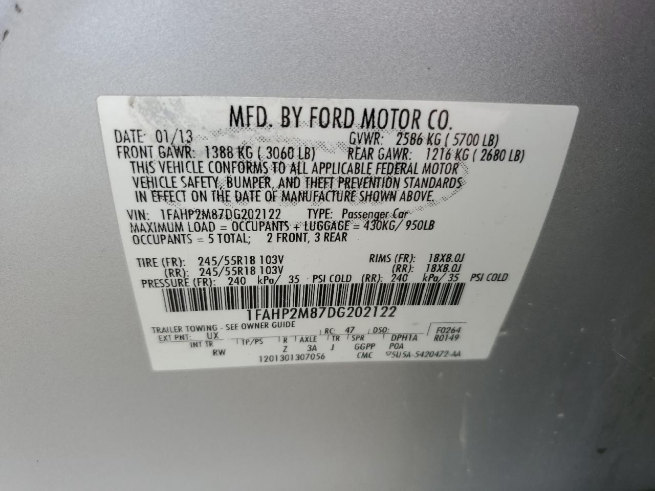 2013 Ford Taurus Police Interceptor VIN: 1FAHP2M87DG202122 Lot: 85699035