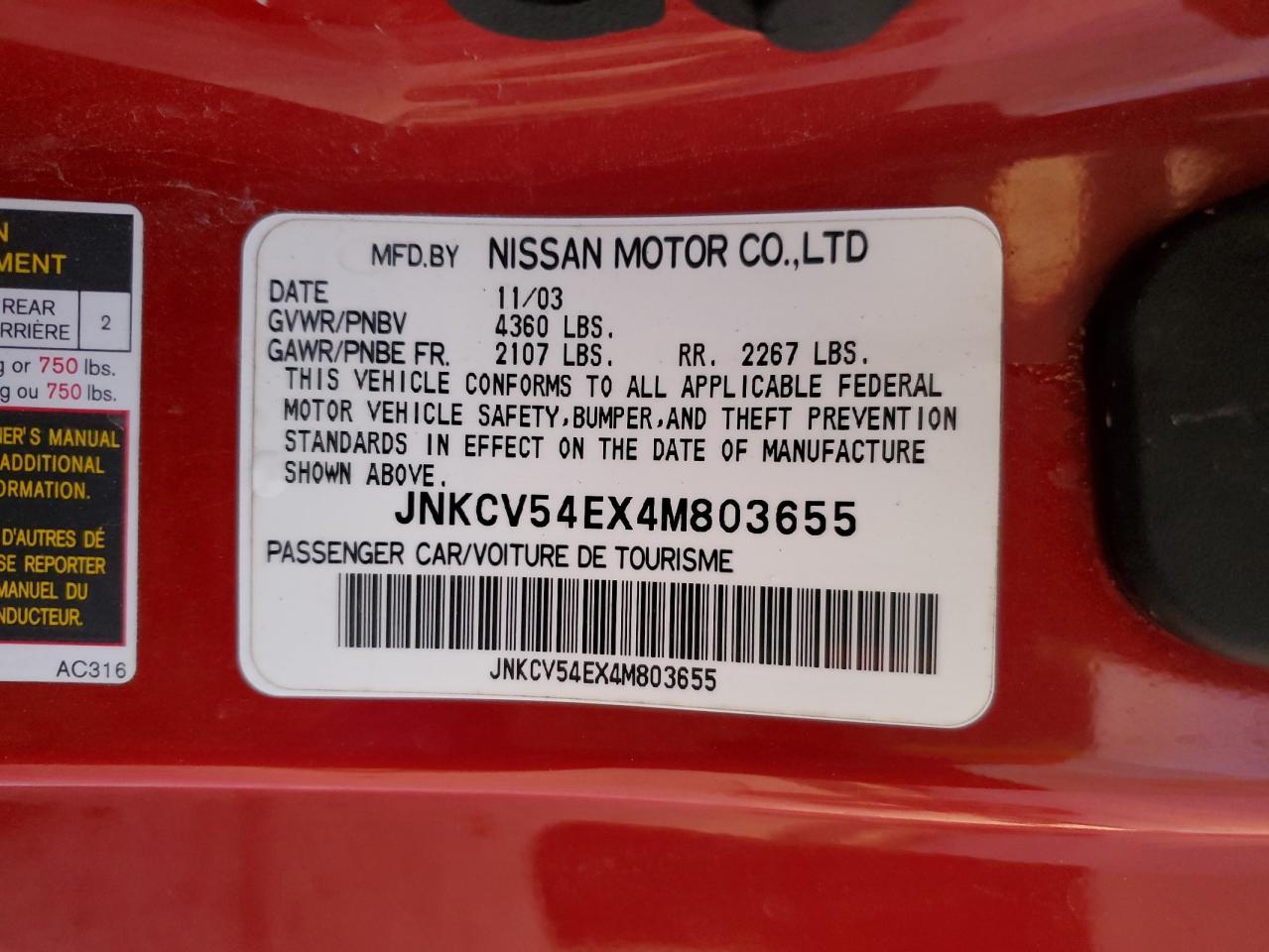 2004 Infiniti G35 VIN: JNKCV54EX4M803655 Lot: 86116885