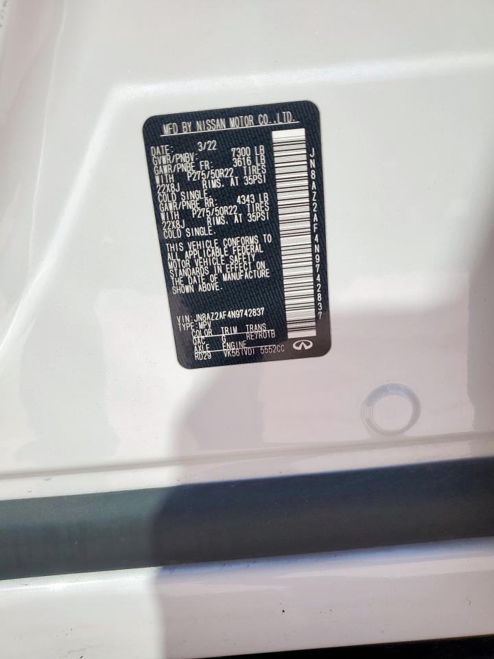 2022 Infiniti Qx80 Luxe VIN: JN8AZ2AF4N9742837 Lot: 85871585