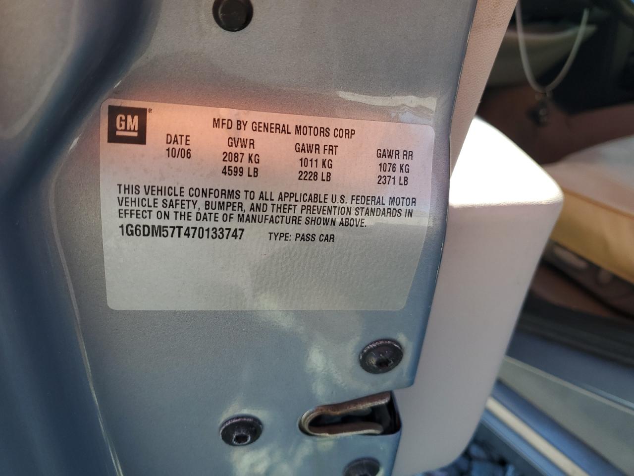 2007 Cadillac Cts VIN: 1G6DM57T470133747 Lot: 82306195