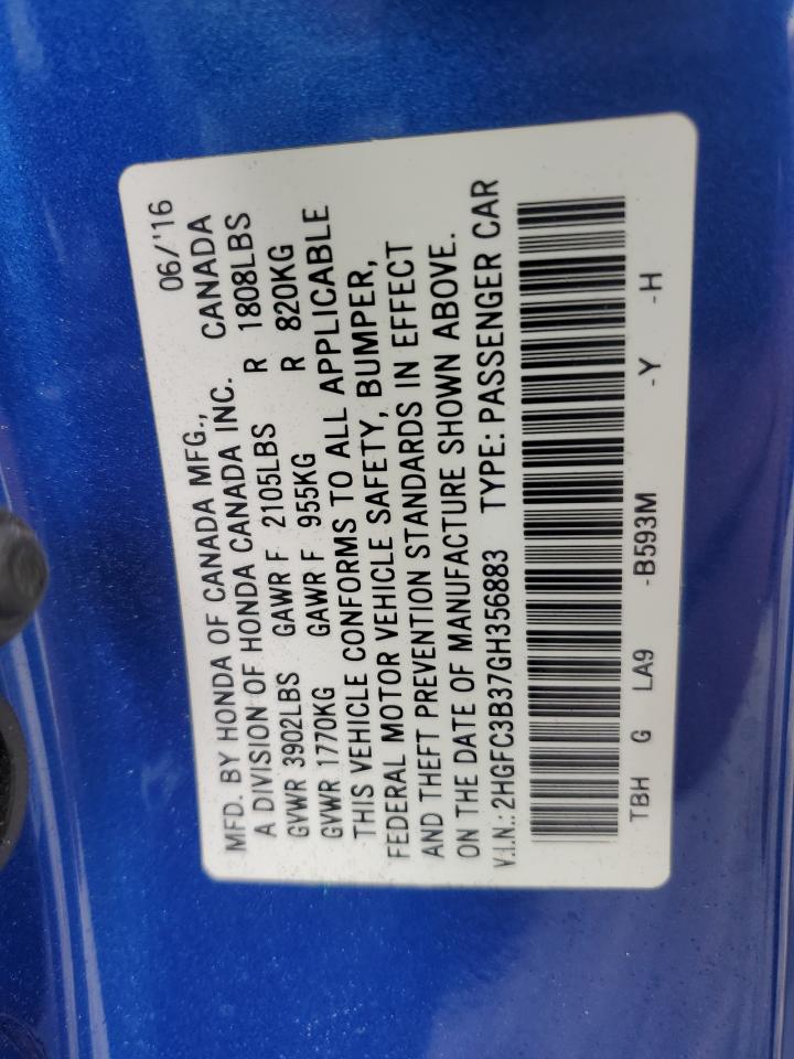 2016 Honda Civic Ex VIN: 2HGFC3B37GH356883 Lot: 84656005