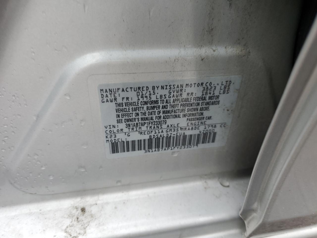 2015 Nissan Sentra S VIN: 3N1AB7AP1FY233079 Lot: 85569855