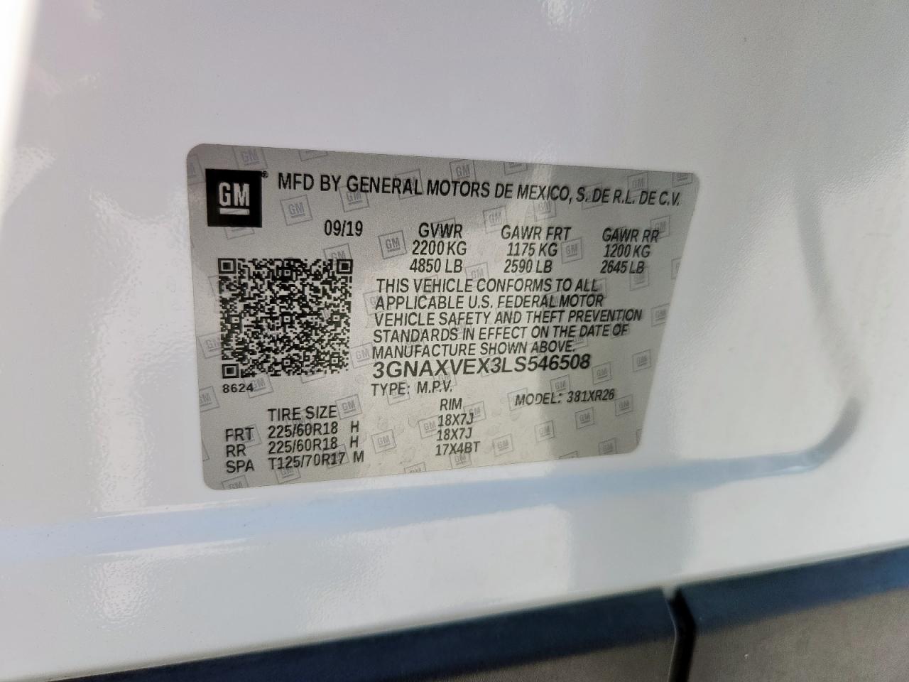 2020 Chevrolet Equinox Lt VIN: 3GNAXVEX3LS546508 Lot: 85943215