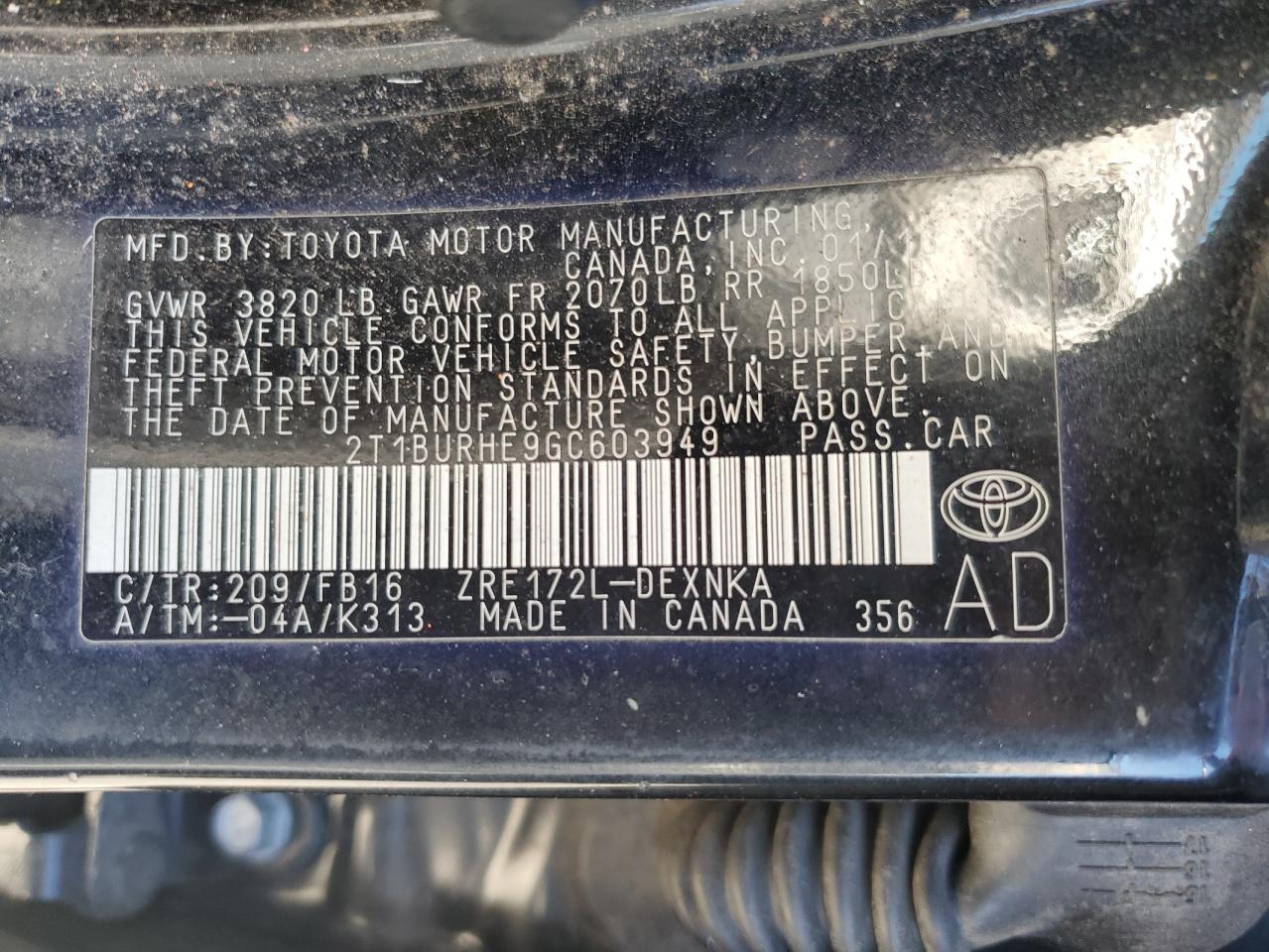 2016 Toyota Corolla L VIN: 2T1BURHE9GC603949 Lot: 85723265