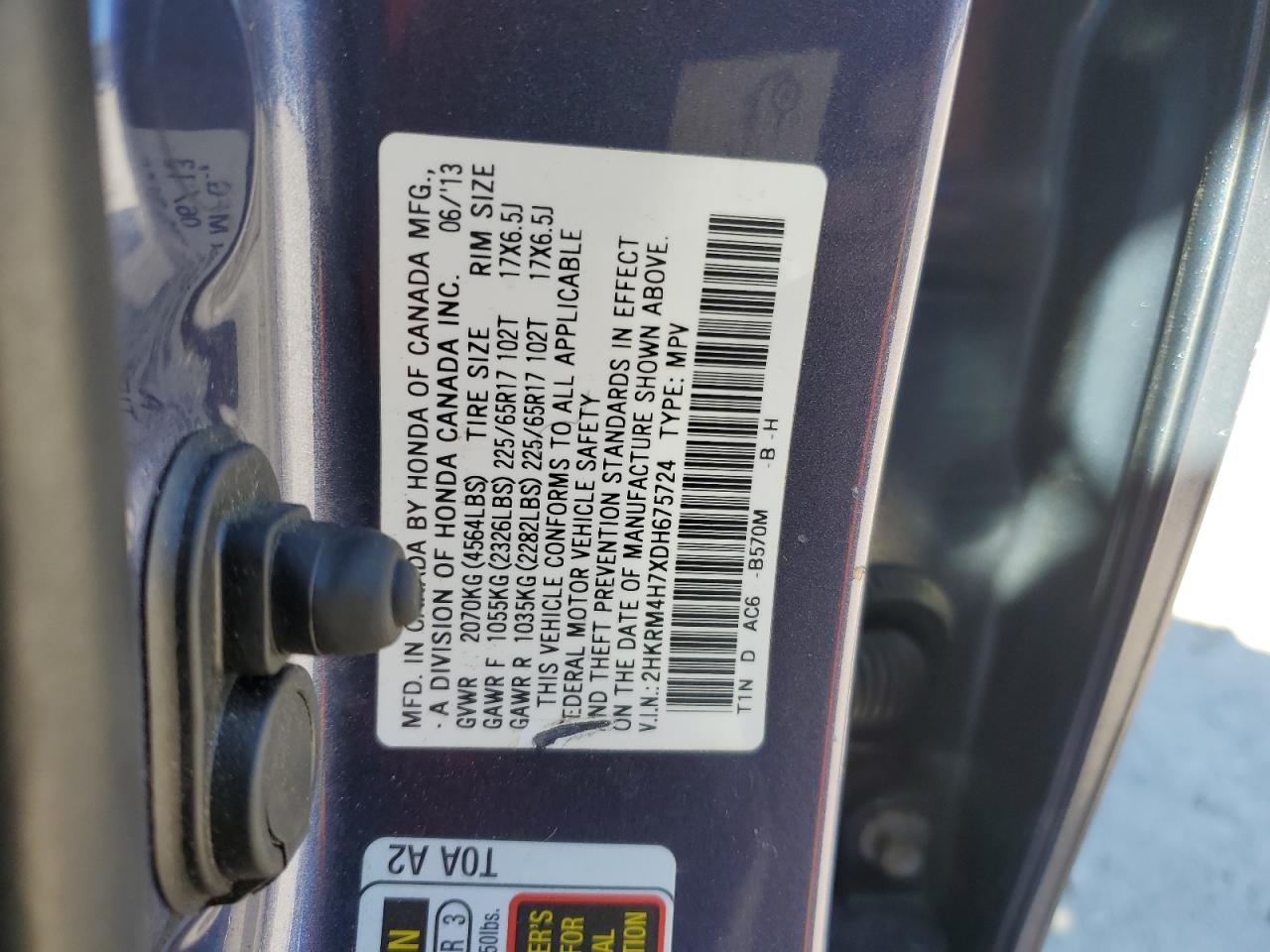 2013 Honda Cr-V Exl VIN: 2HKRM4H7XDH675724 Lot: 86867085