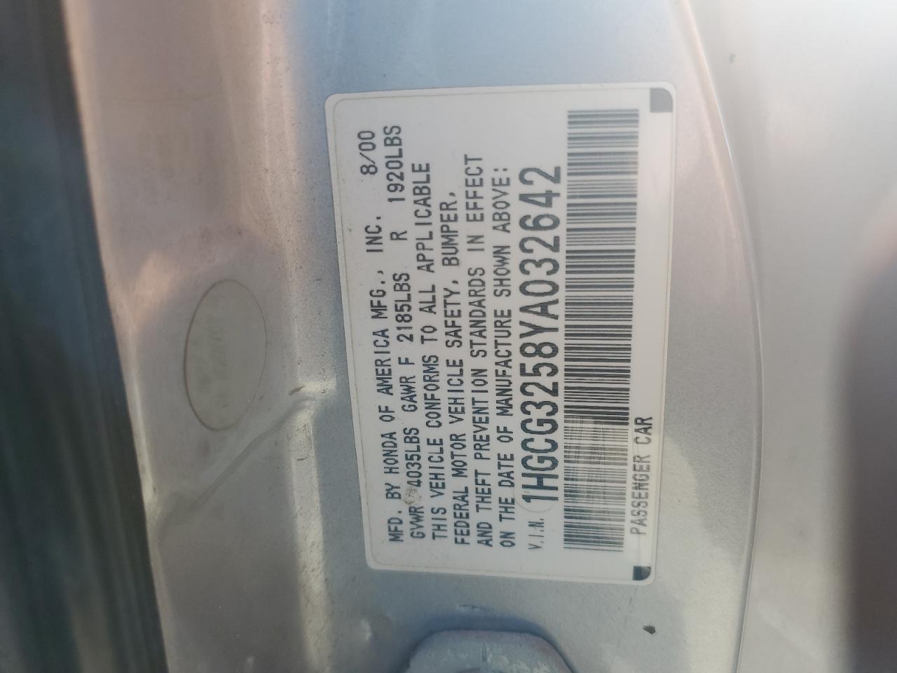 2000 Honda Accord Ex VIN: 1HGCG3258YA032642 Lot: 82599015