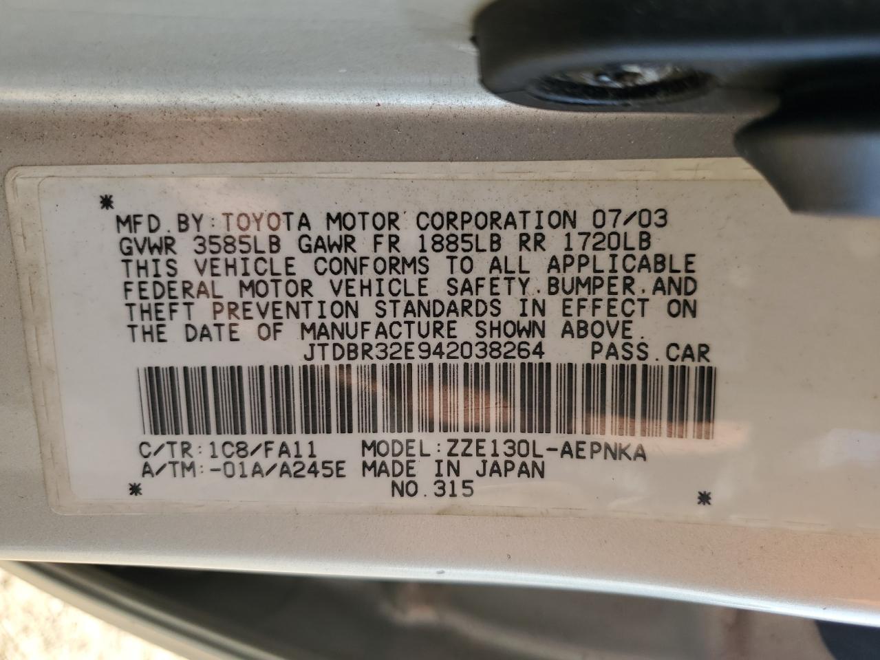 2004 Toyota Corolla Ce VIN: JTDBR32E942038264 Lot: 84918405