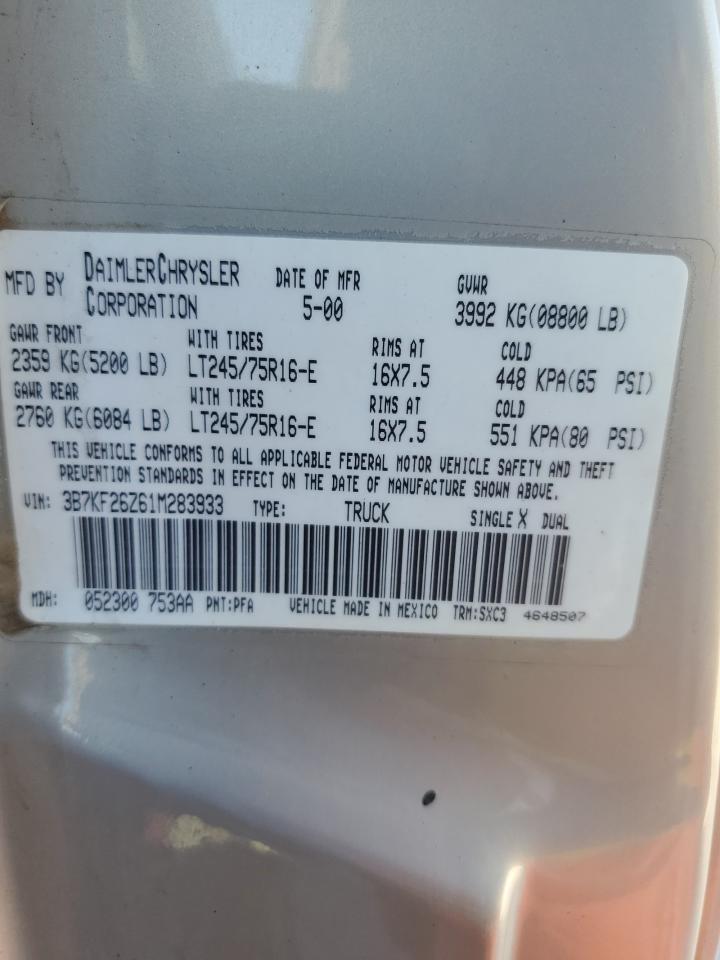 2001 Dodge Ram 2500 VIN: 3B7KF26Z61M283933 Lot: 82600465