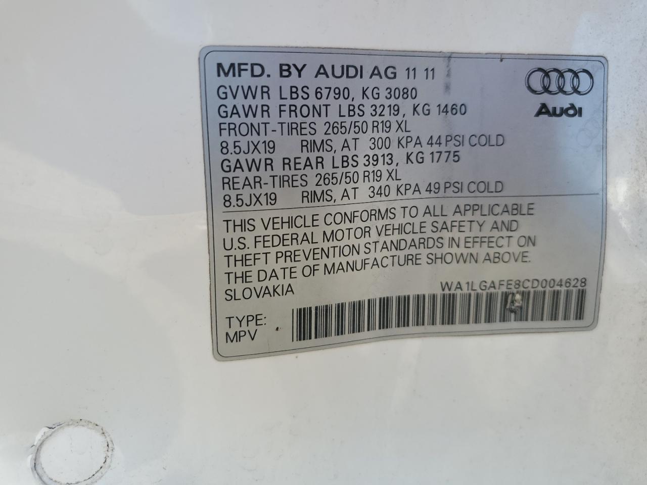 2012 Audi Q7 Premium Plus VIN: WA1LGAFE8CD004628 Lot: 82605455