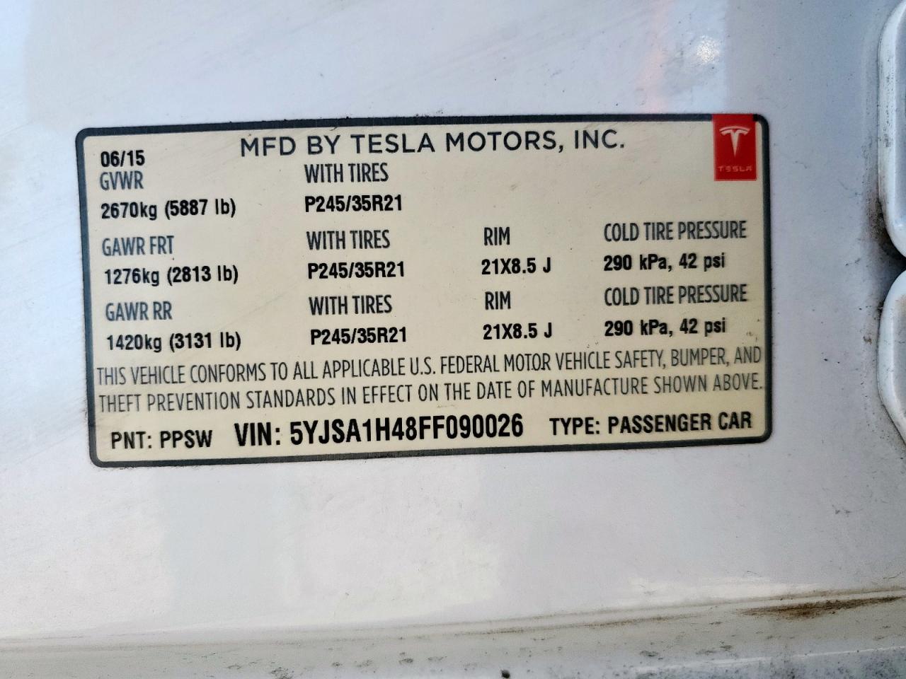 2015 Tesla Model S P85D VIN: 5YJSA1H48FF090026 Lot: 85408855