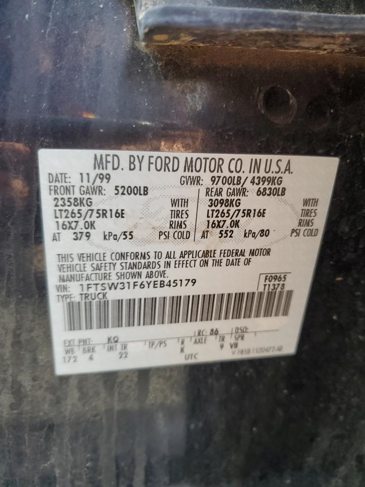 2000 Ford F350 Srw Super Duty VIN: 1FTSW31F6YEB45179 Lot: 85349295