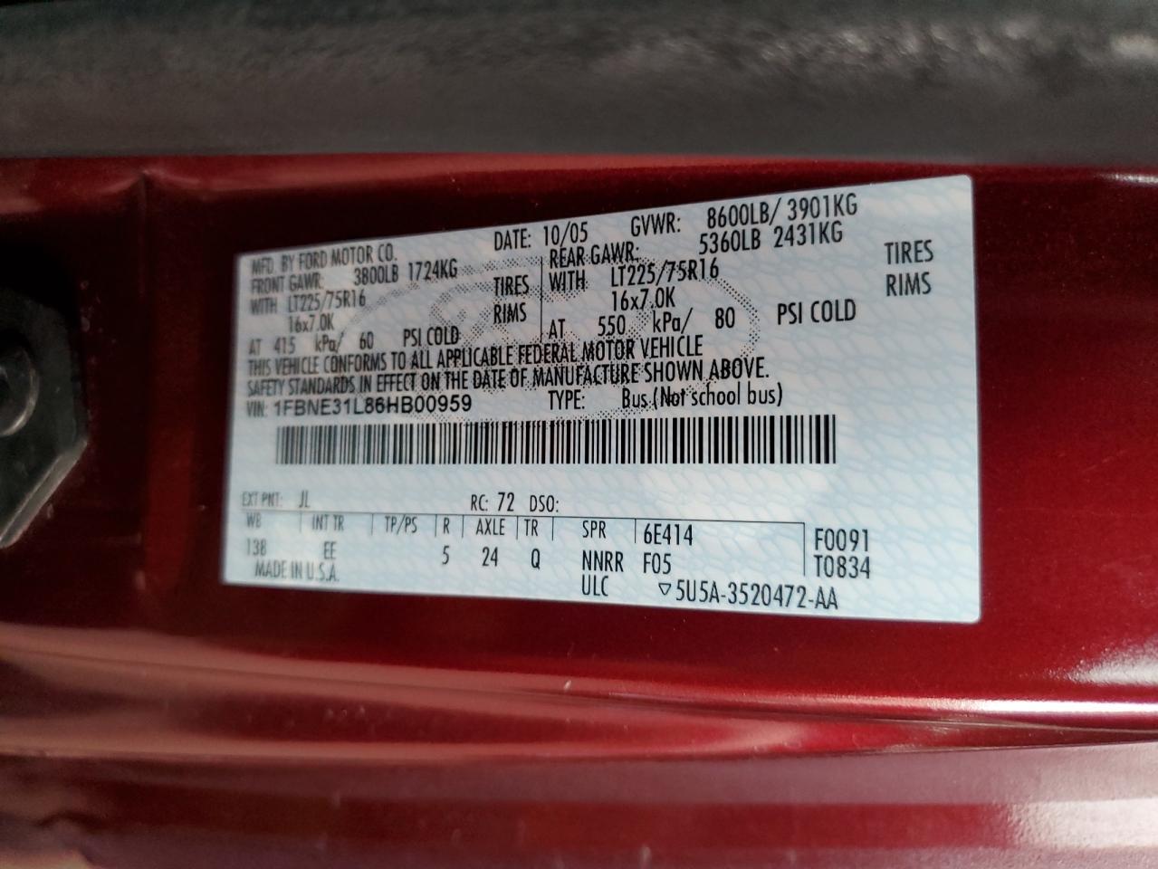 2006 Ford Econoline E350 Super Duty Wagon VIN: 1FBNE31L86HB00959 Lot: 82406245