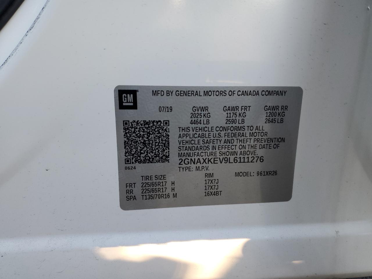 2020 Chevrolet Equinox Lt VIN: 2GNAXKEV9L6111276 Lot: 82777755