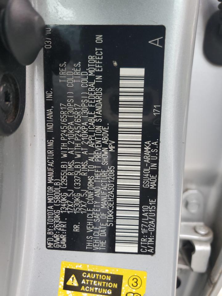 2010 Toyota Highlander Se VIN: 5TDKK3EH2AS012085 Lot: 85841055