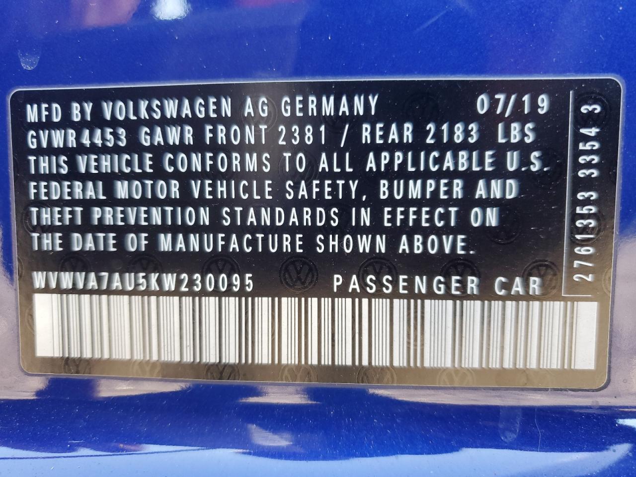 2019 Volkswagen Golf R VIN: WVWVA7AU5KW230095 Lot: 87045645