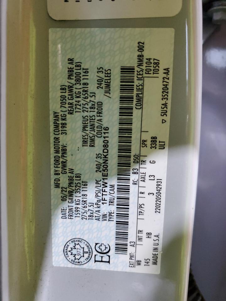 2022 Ford F150 Supercrew VIN: 1FTFW1E50NKD80116 Lot: 87222185