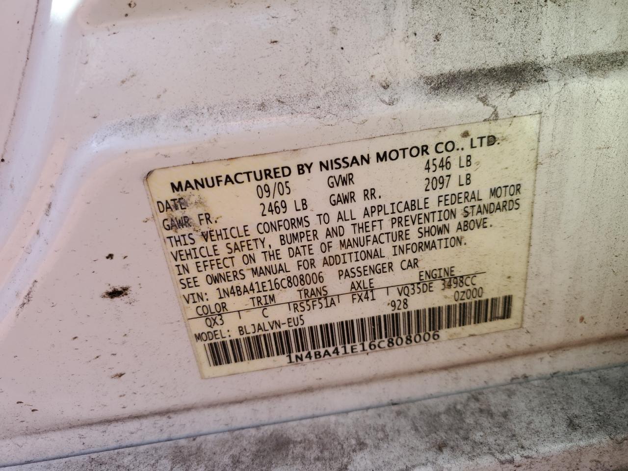 2006 Nissan Maxima Se VIN: 1N4BA41E16C808006 Lot: 82240875