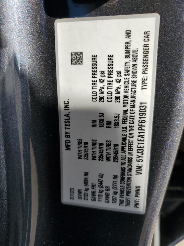 2023 Tesla Model 3 VIN: 5YJ3E1EA1PF619031 Lot: 90737175
