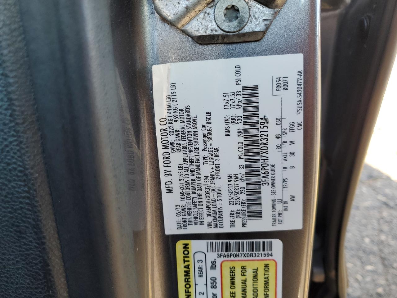 2013 Ford Fusion Se VIN: 3FA6P0H7XDR321594 Lot: 90117095