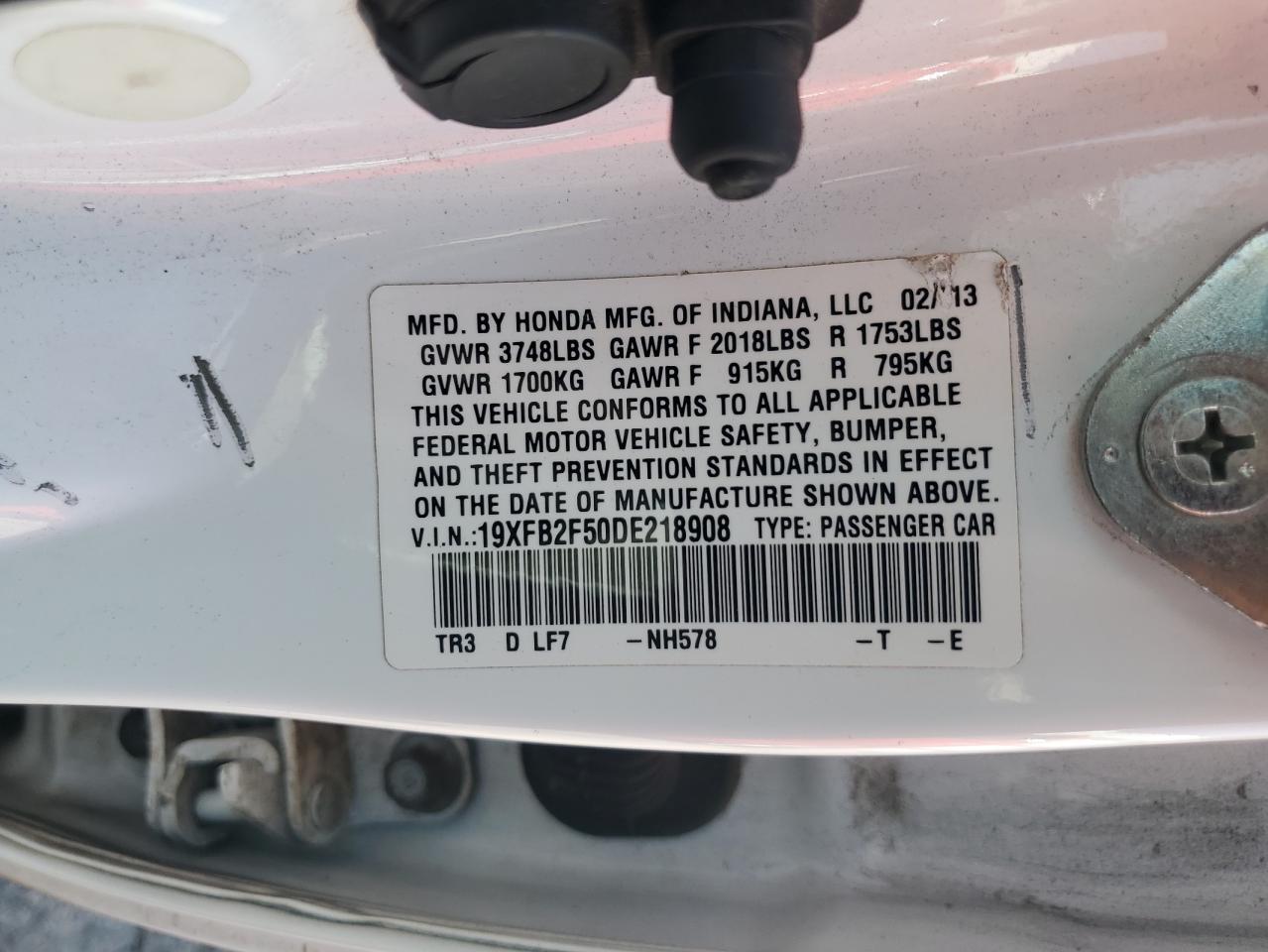 2013 Honda Civic Lx VIN: 19XFB2F50DE218908 Lot: 85578895