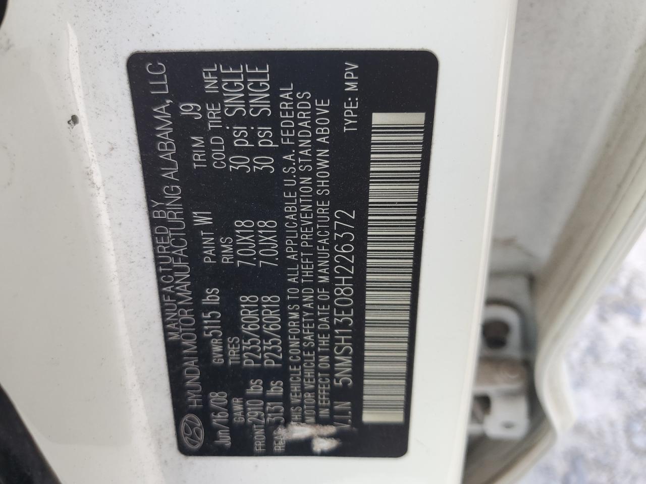 2008 Hyundai Santa Fe Se VIN: 5NMSH13E08H226372 Lot: 81950445