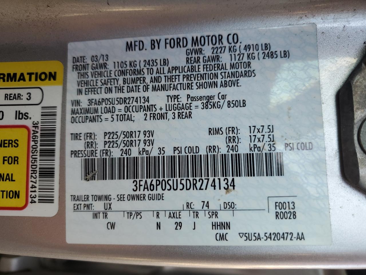 2013 Ford Fusion Titanium Phev VIN: 3FA6P0SU5DR274134 Lot: 90994735