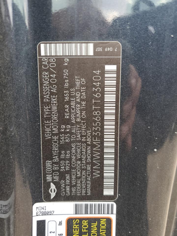 2008 Mini Cooper VIN: WMWMF33568TT63404 Lot: 87063025